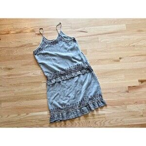 vtg 90s drop waist embroidered ruffle boho dress distressed grey‎ rayon medium